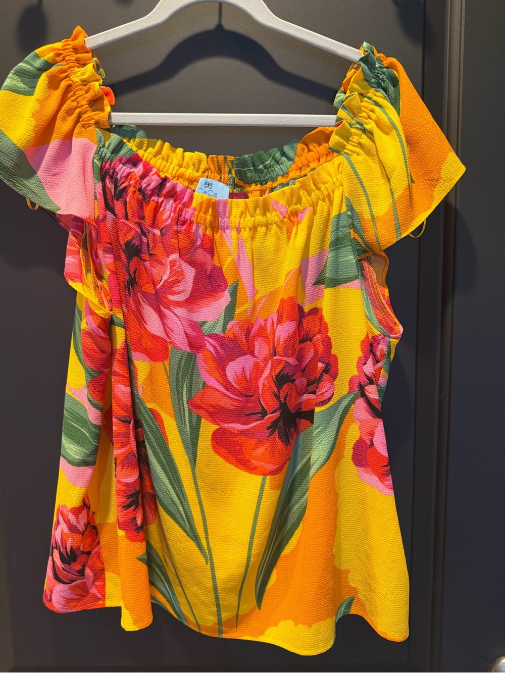 CeCe Yellow Floral Off-Shoulder Top with Pink & Green Blooms